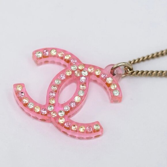 CHANEL CC Logos Rhinestone Pink Lucite Necklace 23" Gold Tone 04A Auth w/Box - Picture 5 of 7